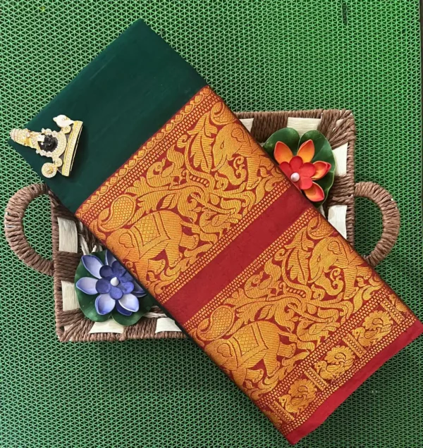 Elegant Narayanpet Green Cotton Saree with Zari Detailing
