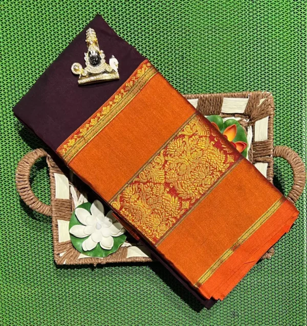 Elegant  Narayanpet Brown Cotton Saree with Zari Detailing