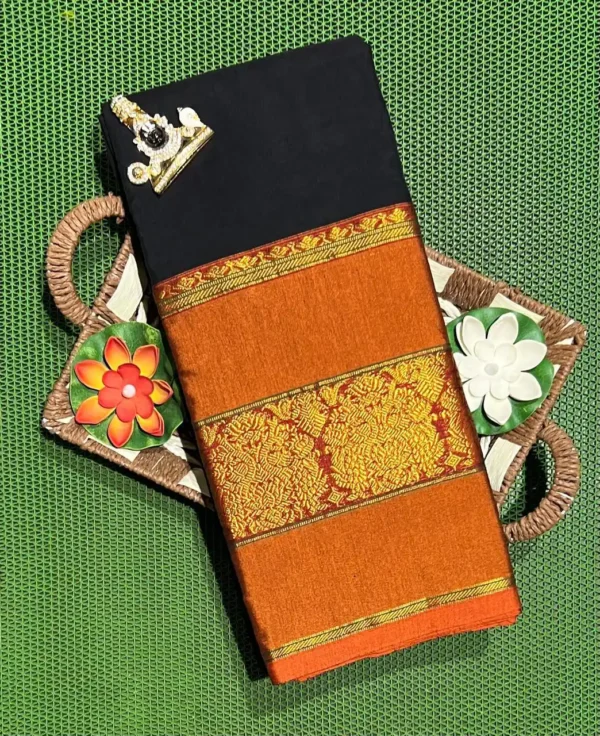 Elegant Narayanpet Black Cotton Saree with Zari Detailing