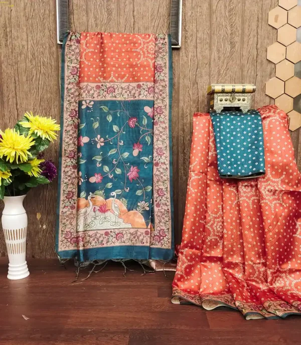 Silk Saree with Bhandhani Charm & Kalamkari Border