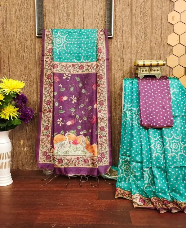 Raw Silk Saree with Bhandhani Charm & Kalamkari Border