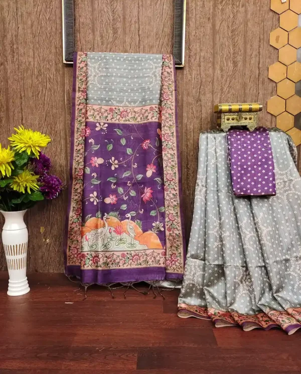 Raw Silk Saree with Bhandhani Charm & Kalamkari Border