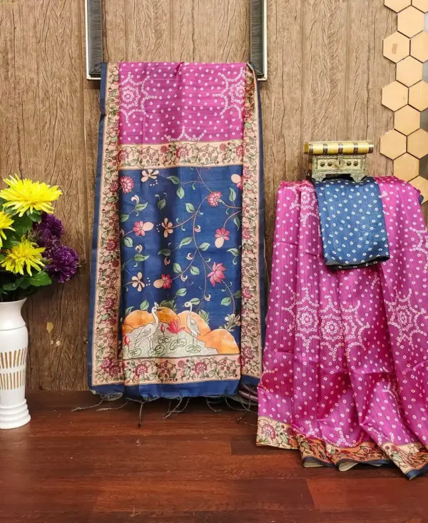 Raw Silk Saree with Bhandhani Charm & Kalamkari Border