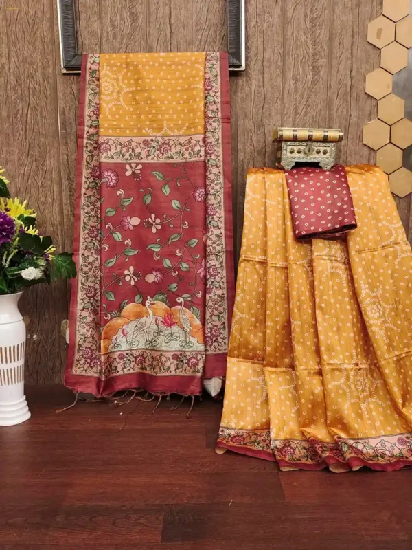 Raw Silk Saree with Bhandhani Charm & Kalamkari Border